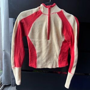 BDG Red and Cream Waffle Knit Quarter-Zip Sweater